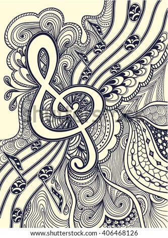 Zen doodle treble clef  notes  musical stanza with Zen tangle ornament style  black on white for coloring page or relax coloring book or wallpaper or for decorate package clothes or for Post Card