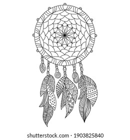 Zen dreamcatcher coloring page, intertwined threads on frame, light feathers with meditative patterns vector illusration