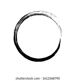 Zen enso, circle ink brush stroke, japanese calligraphy paint buddhism symbol, black paint round line, vector illustration.
