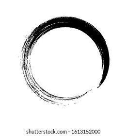 Zen enso, circle ink brush stroke, japanese calligraphy paint buddhism symbol, black paint round line, vector illustration.