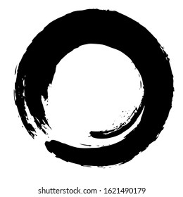 Zen enso, circle ink brush stroke, japanese calligraphy paint buddhism symbol, black paint round line, vector illustration.