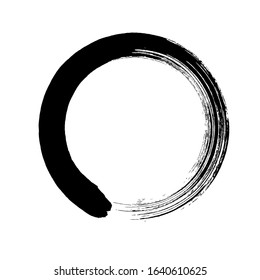 Zen enso, circle ink brush stroke, japanese calligraphy paint buddhism symbol, black paint round line, vector illustration.