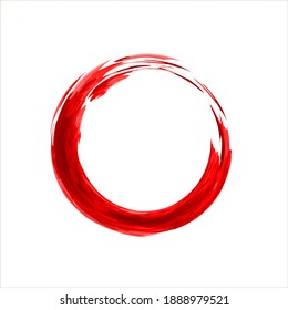 Zen Enso Symbol. Hand Drawn Red Enso Zen Circle.  Logo, Emblem Design. Brush Drawn Buddhist Sign. Fine Art Element.Stroke Hand Painted Brush Stroke Circle.Chinese Oriental Circle. Enso Vector Symbol.