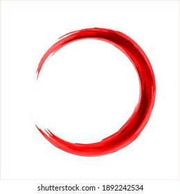Zen Enso Symbol. Hand Drawn Red Enso Zen Circle.  Logo, Emblem Design. Brush Drawn Buddhist Sign. Fine Art Element.Stroke Hand Painted Brush Stroke Circle.Chinese Oriental Circle. Enso Vector Symbol.