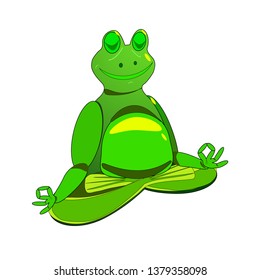 Zen fat happy green frog doing meditation and yoga