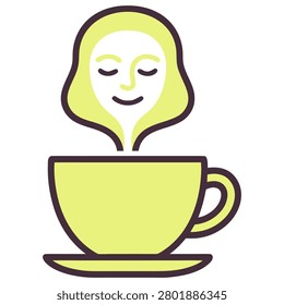 Zen female face icon rising from hot coffee cup with caffeine beverage minimalist lifestyle meditation