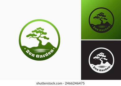 Zen Garden Bonsai logo: A tranquil bonsai tree amidst serene Japanese garden landscape, representing harmony and zen. Perfect for meditation centers or bonsai nurseries.