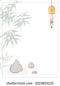 Zen garden composition. Rocks, bamboo tree and furin chime bell with sakura blossom