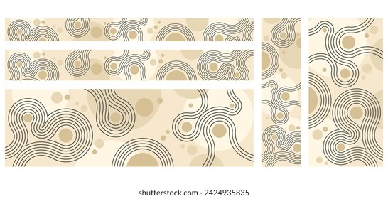 Zen garden Japanese wide and vertical banners set, 5 in 1. Abstract wavy beige background with copy space for text - circles of stones and wavy spirals