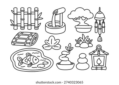 Zen garden outline icon set. Japanese oriental nature objects line art elements. Bamboo, bonsai, pond, stones, mat, flower, lantern, fountain. Vector illustration.