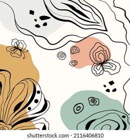 Zen graphics background. Simple drawing with black lines. Abstract flower, leaves, butterfly, pattern and color spots. Illustration vector for social networks instagram.