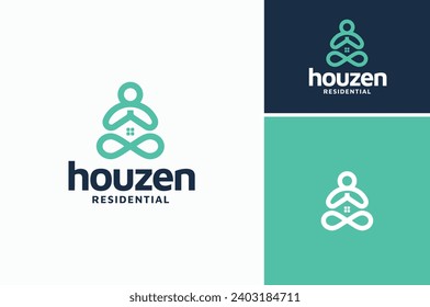 Zen Guru Meditation Sitting Pose Yoga with House Window for Home Property Real Estate Logo Design