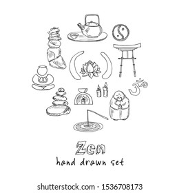 Zen Hand drawn icon set vector illustration isolated on white background.