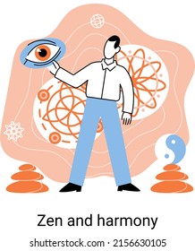 Zen and harmony metaphor, meditation practice. Balance, relaxation, mindfulness. Calm person relaxing. Yoga and spiritual practice, relax, recreation, healthy lifestyle. Japanese cult of mind and body