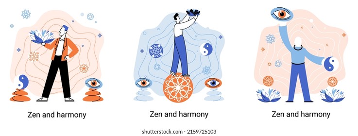 El zen y la metáfora de la armonía, la práctica de la meditación. Equilibrio, relajación, atención. Una persona tranquila relajándose. Yoga y práctica espiritual, relajación, recreación, estilo de vida saludable. Culto mental y corporal japonés