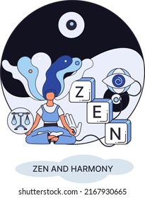 El zen y la metáfora de la armonía, la práctica de la meditación. Equilibrio, relajación, atención. Una persona tranquila relajándose. Yoga y práctica espiritual, relajación, recreación, estilo de vida saludable. Culto mental y corporal japonés