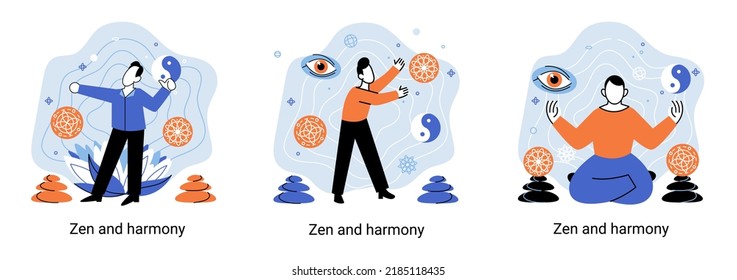 El zen y la metáfora de la armonía, la práctica de la meditación. Equilibrio, relajación, atención. Una persona tranquila relajándose. Yoga y práctica espiritual, relajación, recreación, estilo de vida saludable. Culto mental y corporal japonés