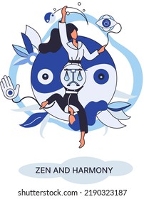 Zen and harmony metaphor, meditation practice. Balance, relaxation, mindfulness. Calm person relaxing. Yoga and spiritual practice, relax, recreation, healthy lifestyle. Japanese cult of mind and