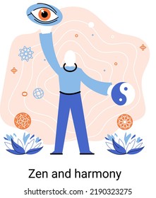 Zen and harmony metaphor, meditation practice. Balance, relaxation, mindfulness. Calm person relaxing. Yoga and spiritual practice, relax, recreation, healthy lifestyle. Japanese cult of mind and