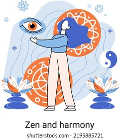 Zen and harmony metaphor, meditation practice. Balance, relaxation, mindfulness. Calm person relaxing. Yoga and spiritual practice, relax, recreation, healthy lifestyle. Japanese cult of mind and