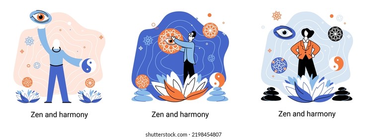 El zen y la metáfora de la armonía, la práctica de la meditación. Equilibrio, relajación, atención. Una persona tranquila relajándose. Yoga y práctica espiritual, relajación, recreación, estilo de vida saludable. Culto mental y corporal japonés