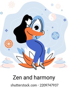 Zen and harmony metaphor, meditation practice. Balance, relaxation, mindfulness. Calm person relaxing. Yoga and spiritual practice, relax, recreation, healthy lifestyle. Japanese cult of mind and body