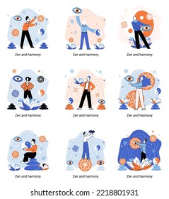 Zen and harmony metaphor, meditation practice. Balance, relaxation, mindfulness. Calm person relaxing. Yoga and spiritual practice, relax, recreation, healthy lifestyle. Japanese cult of mind and body
