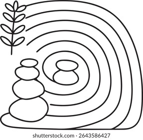 Zen Harmony A Serene Scene of Stacked Stones a Delicate Sprig and Gentle Arcs Evoking Balance Tranquility and the Simple Beauty of a Meditative Practice