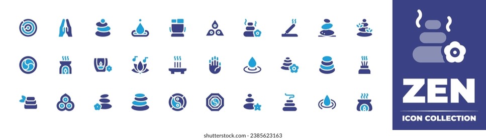 Zen icon collection. Duotone color. Vector and transparent illustration. Containing zen, therapy, concentration, meditation, buddhism, aroma, stone, chakra, aromatherapy, candles, hot stones.