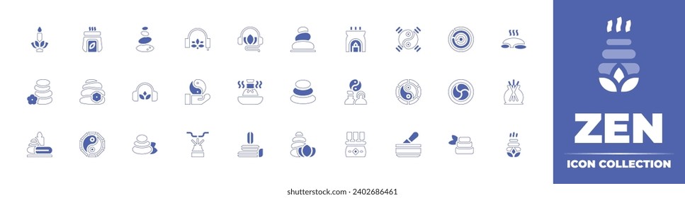 Zen icon collection. Duotone style line stroke and bold. Vector illustration. Containing hot stones, stones, zen, headphones, buddhism, zen stones, aromatherapy, music therapy, ying yang.