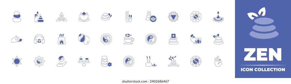 Zen icon collection. Duotone style line stroke and bold. Vector illustration. Containing zen, lotus flower, stones, water, ying yang, heart, balance, incense therapy, hand, chakra, incense, tea.