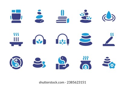 Zen icon set. Duotone color. Vector illustration. Containing hot stones, meditation, headphones, stone, zen stones, aromatherapy, tibetan bowl, water, earphones, incense, ying yang, balance.