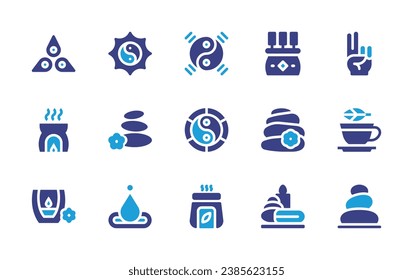 Zen icon set. Duotone color. Vector illustration. Containing stones, chakra, hand, aromatherapy, ying yang, candles, incense, tea, lithotherapie, hot stones, spa, water.