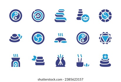 Zen icon set. Duotone color. Vector illustration. Containing stones, zen, ying yang, buddhism, incense therapy, hot stones, chakra, lithotherapie, aromatherapy, hot stone, incense.