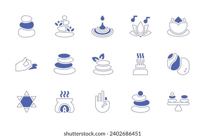 Zen icon set. Duotone style line stroke and bold. Vector illustration. Containing zen, lotus flower, water, therapy, meditation, stones, aroma, stone, heart, balance, hand, aromatherapy.