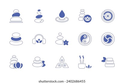 Zen icon set. Duotone style line stroke and bold. Vector illustration. Containing stones, hot stones, zen, concentration, ying yang, headphones, buddhism, stone, incense therapy, zen stones, chakra.