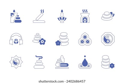 Zen icon set. Duotone style line stroke and bold. Vector illustration. Containing candle, stones, aromatherapy, incense, music therapy, yin yang, stone, buddhism, balance, ying yang, hot stones, spa.