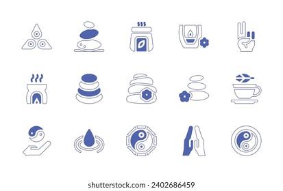 Zen icon set. Duotone style line stroke and bold. Vector illustration. Containing chakra, hand, aromatherapy, candles, hot stones, incense, tea, lithotherapie, stone, ying yang, meditation, water.