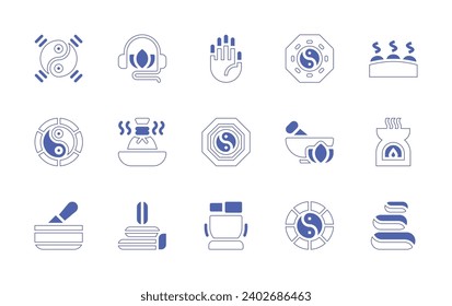 Zen icon set. Duotone style line stroke and bold. Vector illustration. Containing ying yang, music therapy, lithotherapie, chakra, remedy, herbal, aroma, hot stones, tibetan bowl.