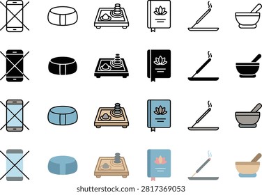 Zen icons set includes various items like a crossed phone meditation cushion and incense stick