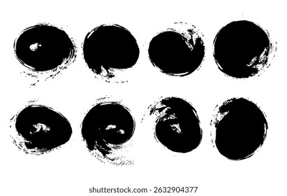 Zen Ink Circle Brush Strokes Set , Abstract Black Paint Splatters on White Background