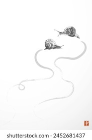 Zen journey of two snails. Traditional oriental ink painting sumi-e, u-sin, go-hua. Translation of hieroglyph - happiness.