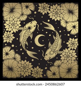 Zen Koi fish, two koi fish in a lotus flower pond circling the moon symbolizing balance