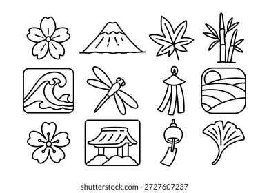 Zen landscape objects outline icon set for education. Japanese scenery line art element symbol pack with blossom, mountain, maple, bamboo, wave, dragonfly, tassel, landscape, gate, tassel, ginkgo