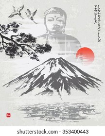 Zen landscape view of the mountain Fuji, Japan. Hand-drawn sketch. Vector illustration.