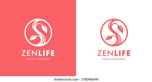 Zen lifestyle logo template design. Health and wellness spa icon. Balance and harmony yoga sign. Conceptual Yin Yang symbol with vine and leaf. Vector illustration. 