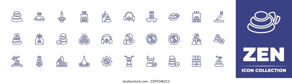 Zen line icon collection. Editable stroke. Vector illustration. Containing stone, candle, stones, earphones, aromatherapy, lithotherapie, incense, music therapy, yin yang, hot stone, ying yang.