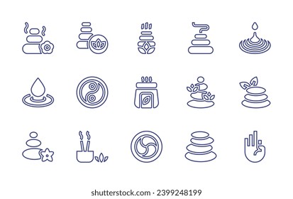 Zen line icon set. Editable stroke. Vector illustration. Containing stones, water, concentration, meditation, ying yang, buddhism, stone, incense therapy, hand, aromatherapy, hot stones, hot stone.