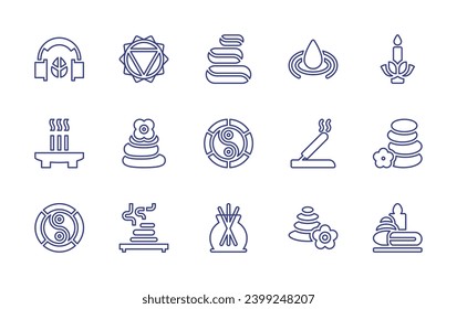 Zen line icon set. Editable stroke. Vector illustration. Containing ying yang, hot stones, water, chakra, candle, incense, music therapy, hot stone, stone, balance, spa.