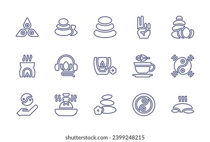 Zen line icon set. Editable stroke. Vector illustration. Containing stones, zen stones, chakra, hand, music therapy, ying yang, candles, incense, tea, herbal, hot stones, lithotherapie.